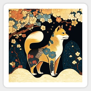 Shiba Inu Dog, Japanese Art, Floral Design Sticker